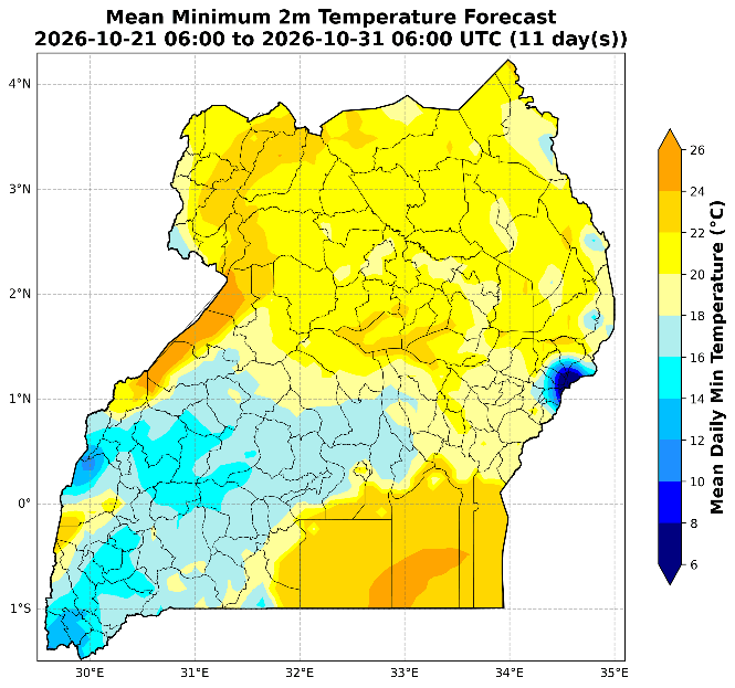 Minimum temperature map, 21st – 31st October 2026